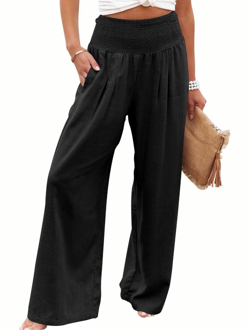Linen Blend Smocked High Waist Palazzo Wide Leg Summer Beach Pants Women’s L